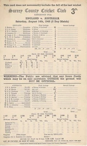 Historische Don Bradmans letzte Test-Scorekarte 14. August 1948 - Bild 1 von 2