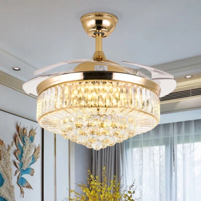 42" Invisible LED Ceiling Fan Light Crystal Retractable Chandelier Lamp W/Remote - Image 1 of 4
