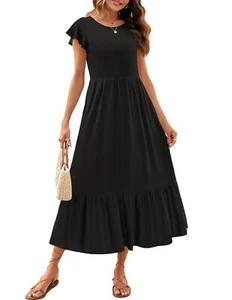 Women's Summer Casual Dresses Flutter Short Sleeve Crewneck Loose Flowy Tiere... - Picture 1 of 8