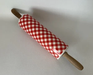The Pioneer Woman ROLLING PIN Red & White Gingham Check Ceramic & Wood 18" XLNT - Picture 1 of 3