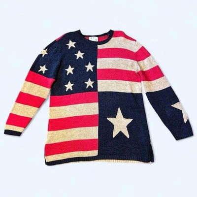 Knit American Flag Sweater Sz L The Quaker Factory Red Navy Beige Star Stripes - Image 1 of 4