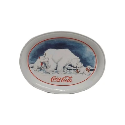 Vintage Coca Cola "Polar Bear Push" Metal Tin Serving Tray 1996 Oval 11" x 8" - Image 1 of 4
