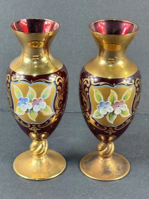 Pair Bohemian Czech Ruby Red Glass Handpainted Vases Gold Gilt - Image 1 of 4
