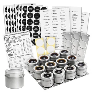 12 Magnetic Spice Jars for Refrigerator with 3 Metal Wall Bases, 269 Preprint... - Picture 1 of 9