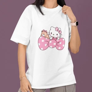 Hello Kitty rosa Schleife Teddybär T-Shirt süß Sanrio Grafik Tee Kawaii Cartoon - Bild 1 von 5