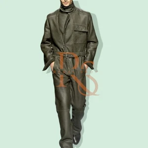 Men's Green Leather Suit Causal Jumpsuit In Genuine Soft Lambskin Leather Suit - Picture 1 of 2