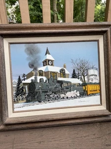 VTG Oil on Canvas Serigraph H HARGROVE Painting CHAMPAIGN IL TRAIN STATION Locom - Picture 1 of 8