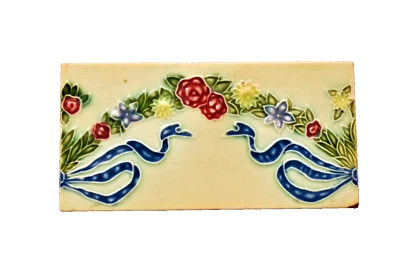 Antique Tile Japan Majolica DK Brand Art Nouveau Ceramic Garland Floral 1 Pc "S6 - Image 1 of 4