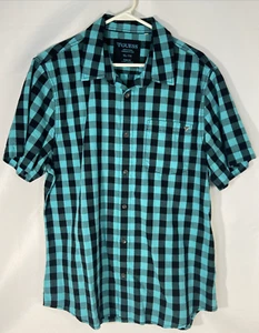 Guess Black and Teal Checkered Button-up Short Sleeve Shirt Size XL Slim Fit - Picture 1 of 7