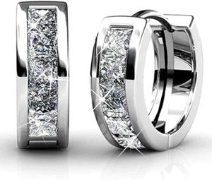 18ct White Gold Finish with Created Diamond Princess Cut Hoop Earrings - Picture 1 of 6