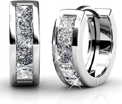 18ct White Gold Finish with Created Diamond Princess Cut Hoop Earrings - Image 1 of 4