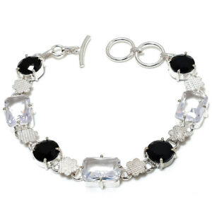Crystal Black Onyx Quartz Gemstone Silver Plated Bracelet Dainty Jewelry 7-9"