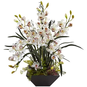Cymbidium Orchid w/ Black Vase White Artificial Flower - Picture 1 of 1