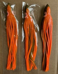 Oktopus Hoochie Tintenfisch Rock 12" orange schwarz Glitzer mit Augen 3 Stück Angelköder - Bild 1 von 3