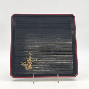 Japanese Plastic Square Food Serving Tray 10.5" Black and Red Trim Floral Image - Picture 1 of 10