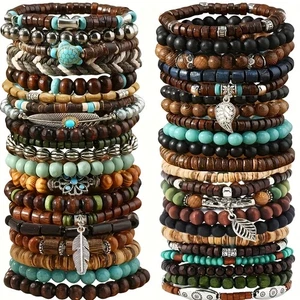 43pcs Set Ethnic Boho Mens Womens Beaded Retro Wooden Wristband Bracelet - Picture 1 of 12