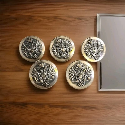 Vtg Imperial Austrian Two Headed Eagle Metal Shank Button Set 5 Silver Buttons - Image 1 of 4