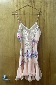 Vtg Victoria's Secret Gold Label Satin Slip Dress Lace Babydoll Floral Ruffle S - Picture 1 of 3