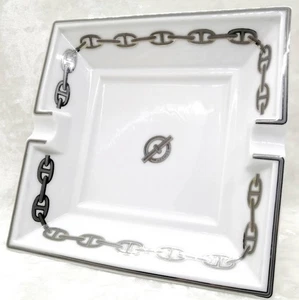 Hermes Paris Ashtray Chaine d'Ancre Porcelain Tray Plate silver 16 cm NoBox Used - Picture 1 of 12