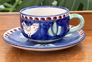 Solimene Vietre Italy Blue Cup and Saucer Chicks Birds With Blue Rim Red Dots - Picture 1 of 6
