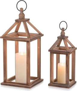 Wood Candle Lantern - 12" / 16" Set of 2 Rustic Wooden Lanterns Decorative Candl - Picture 1 of 6