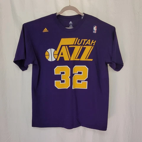 Adidas Utah Jazz NBA Malone Sz XL Purple Short Sleeve Shirt Gold Mesh Appliques Cover