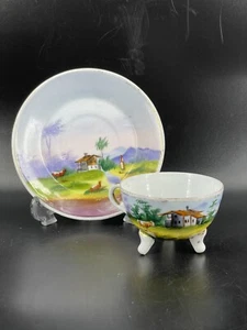Miniature Porcelain Footed Tea Cup & Saucer Hand Painted Farm Scene Cows Vintage - Picture 1 of 14
