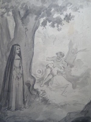 Ecole FRANCAISE XIX DESSIN ENCRE SCENE GALANTE SOEUR RELIGIEUSE ROMANTISME 1850 - Photo 1/4