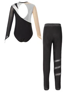 Kids Girls Tracksuit Figure Skating Outfit Performance Set Sparkly Leotard Mesh - Picture 1 of 74