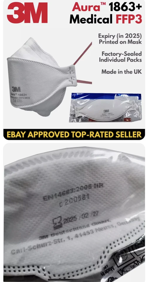 3M Aura 1863+ FFP3 Respirator N99 Medical Face Mask IIR Unvalved - EXPIRY 2026