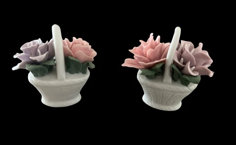 Vintage Ceramic Mini Flower Basket w/ Pink/Lavendar Colored Flowers: Set of 2 Cover