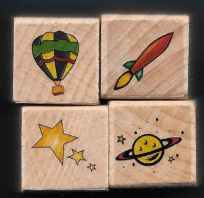 GLOBO AEROSTÁTICO COHETE PLANETA ESTRELLAS Cielo Espacio Saturno NUEVO MINI LOTE SELLOS DE GOMA Foto 1 de 2