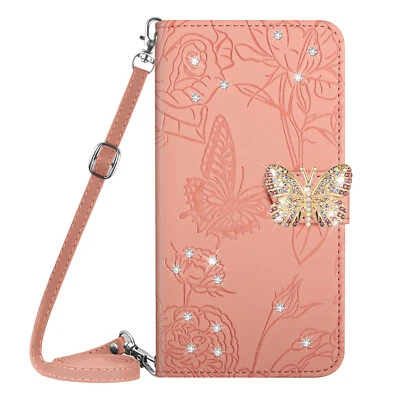 For Various Phone Crossbody Diamond Butterfly Flip Card Wallet Case Stand Women - Image 1 of 4