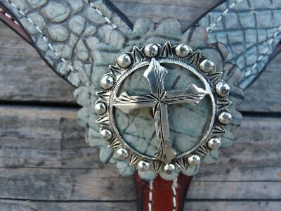 Cuello de pecho con estampado de cocodrilo turquesa Circle Y plateado cruzado 19966 Foto 1 de 4