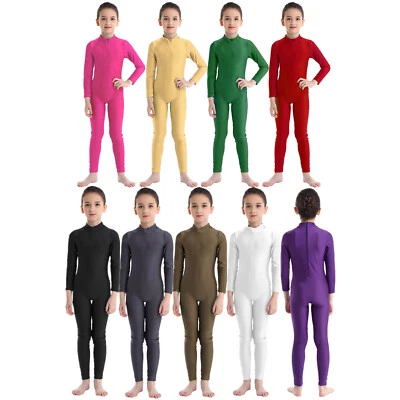 UK Girl's Long Sleeve Dance Gymnastics Leotard Unitard Full Length Jumpsuit - Image 1 of 2