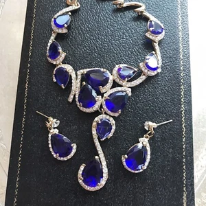 Träne Tropfen blau Anhänger Halskette und Ohrring Modeschmuck Set - Bild 1 von 12
