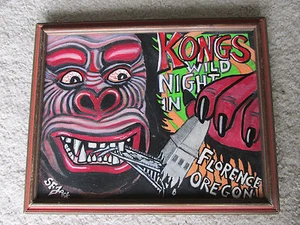 Dipinto olio originale King Kong firmato artista SF Jack arte popolare cornice legno O USA - Foto 1 di 2