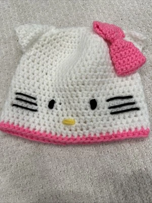 Sombrero de ganchillo hecho a mano hola gatito para niño pequeño blanco rosa gato Foto 1 de 4