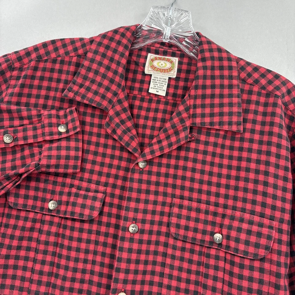 VINTAGE Banana Republic Shirt Mens Medium Red Plaid Camp Collar Mill Valley 80s - Image 1 of 4