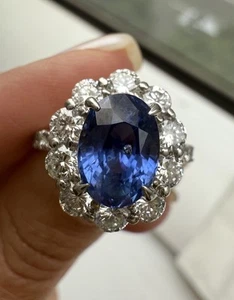 GIA Platinum Ceylon No Heat Sapphire & Diamond Ring 4.55tcw - Picture 1 of 10