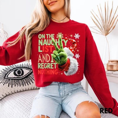 Sudadera navideña divertida de mano verde, frase de la lista traviesa, camiseta para fiesta navideña Foto 1 de 4