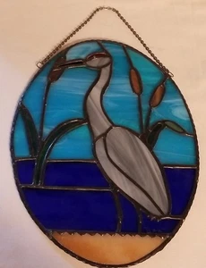 Vtg TIFFANY Style USA made Colorful Leaded Stained Glass Heron Cat Tails 9.75x7" - Picture 1 of 7