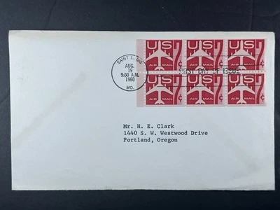 US FDC 1960 7¢ Airmail Jet Airliner Block of 6 Saint Louis MO First Day  a995 - Image 1 of 2