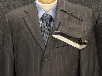 Angelo Rossi Mens Suit 40R Gray Gold Pinstripe 34x31.5 Pleat Pant Polyester 3Btn - Image 1 of 4