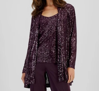 Anne Klein Women Purple Sequined Embellished Open-Front Jacket Coat Size Large - Image 1 of 2