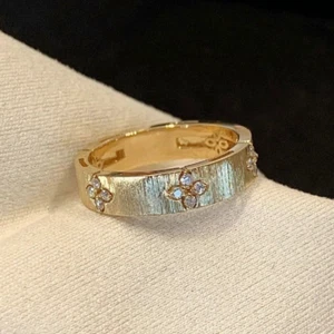 Lucky Four Leaf Clover Stain Band Natural Diamond Women Ring Solid 14K Gold Gift - Picture 1 of 9