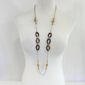 Lia Sophia Long Silver Necklace Beige Beads Tiger's Eye Links Cut Crystals - Picture 1 of 8