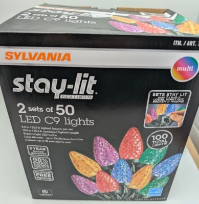 Stay-Lit Faceted Platinum LED C9 String Lights, 2 Sets of 50, Indoor/Outdoor - Image 1 of 2