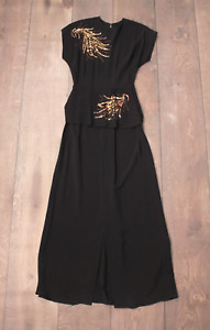Vtg Women's 40s Black Rayon Maxi Dress W/ Peplum & Sequin Accents 1940s Sz XS/S