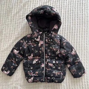 H&M Girls Size 5T Puffer Jacket Coat Black  Unicorns - Picture 1 of 11